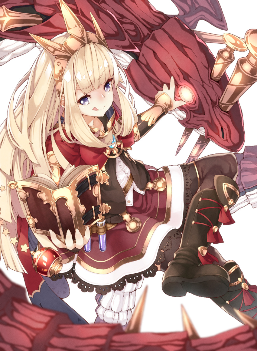 1girl, :q, bad_id, bangs, black_boots, black_legwear, blonde_hair, blunt_bangs, book, boots, bracer, cagliostro_(granblue_fantasy), cape, dragon, granblue_fantasy, hairband, highres, holding, holding_book, long_hair, miniskirt, nail, namake, ouroboros_(granblue_fantasy), red_skirt, simple_background, skirt, solo, takuan_(takuan0907), thigh-highs, tongue, tongue_out, violet_eyes, white_background, zettai_ryouiki
