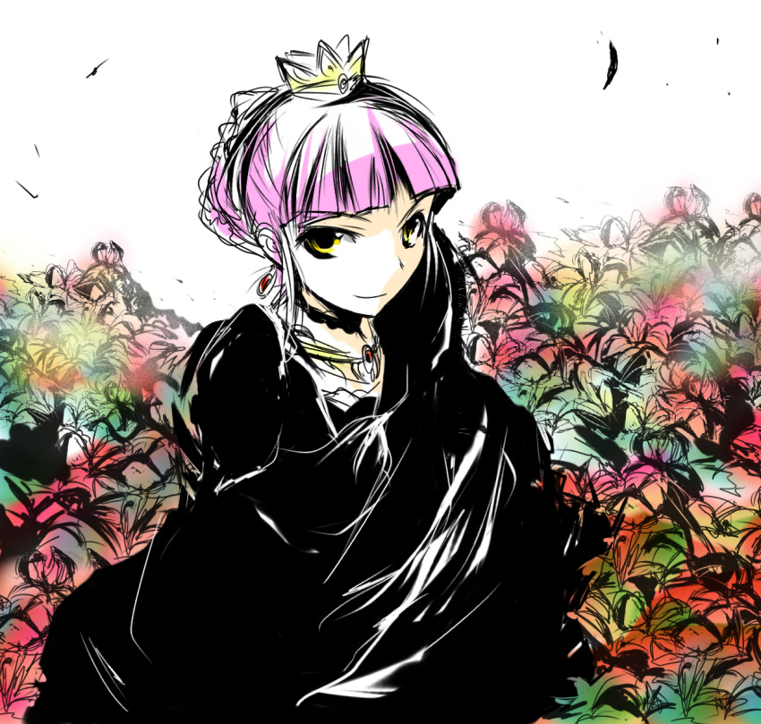 babel, flower, highres, pink_hair, robe, tiara, yellow_eyes