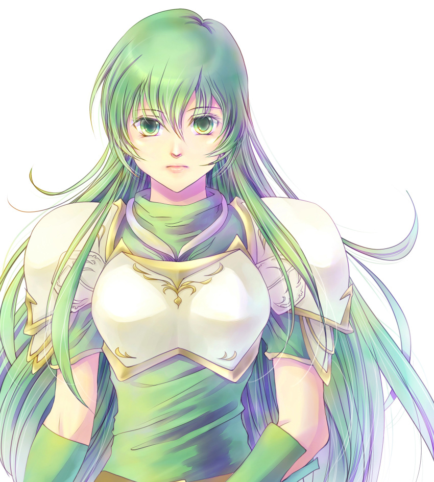 1girl, absurdres, alice_iris, armor, breastplate, elbow_gloves, expressionless, fire_emblem, fire_emblem:_mystery_of_the_emblem, fire_emblem:_seisen_no_keifu, fury_(fire_emblem), gloves, green_eyes, green_hair, headband, highres, long_hair, paola, pegasus_knight, shoulder_armor, simple_background, solo, upper_body, white_background