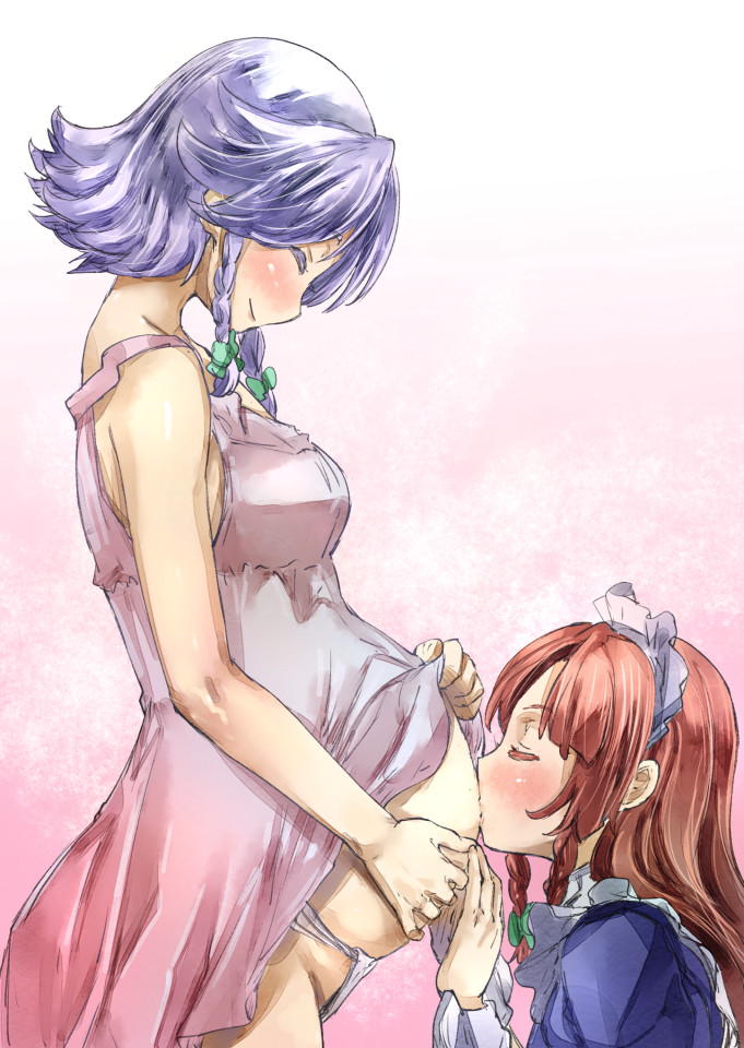 2girls, ^_^, alternate_costume, alternate_headwear, bare_shoulders, belly_kiss, blush, braid, closed_eyes, cosplay, couple, dress, dress_lift, enmaided, fundoshi, hair_intakes, hong_meiling, izayoi_sakuya, izayoi_sakuya_(cosplay), japanese_clothes, long_hair, maid, maid_headdress, multiple_girls, no_headwear, pink_dress, pregnant, redhead, short_hair, silver_hair, smile, touhou, twin_braids, wife_and_wife, yohane, yuri