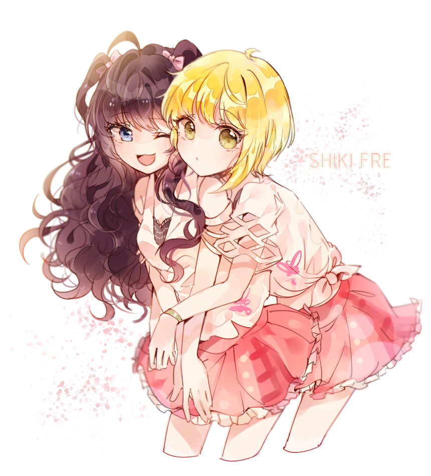 2girls, ;d, blonde_hair, bow, brown_hair, character_name, cropped_legs, frilled_skirt
