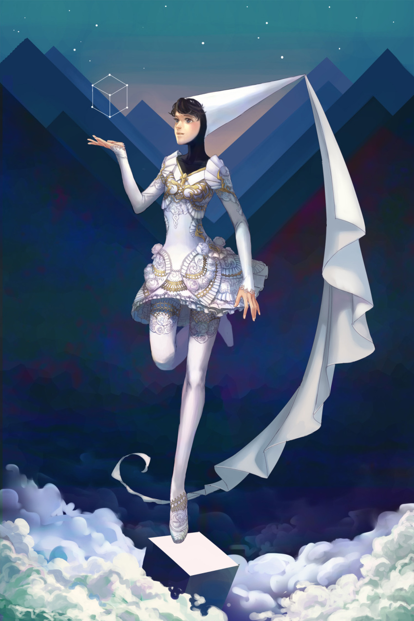 1girl, ballerina, ballet_slippers, black_hair, blue_eyes, clouds, cube, dress