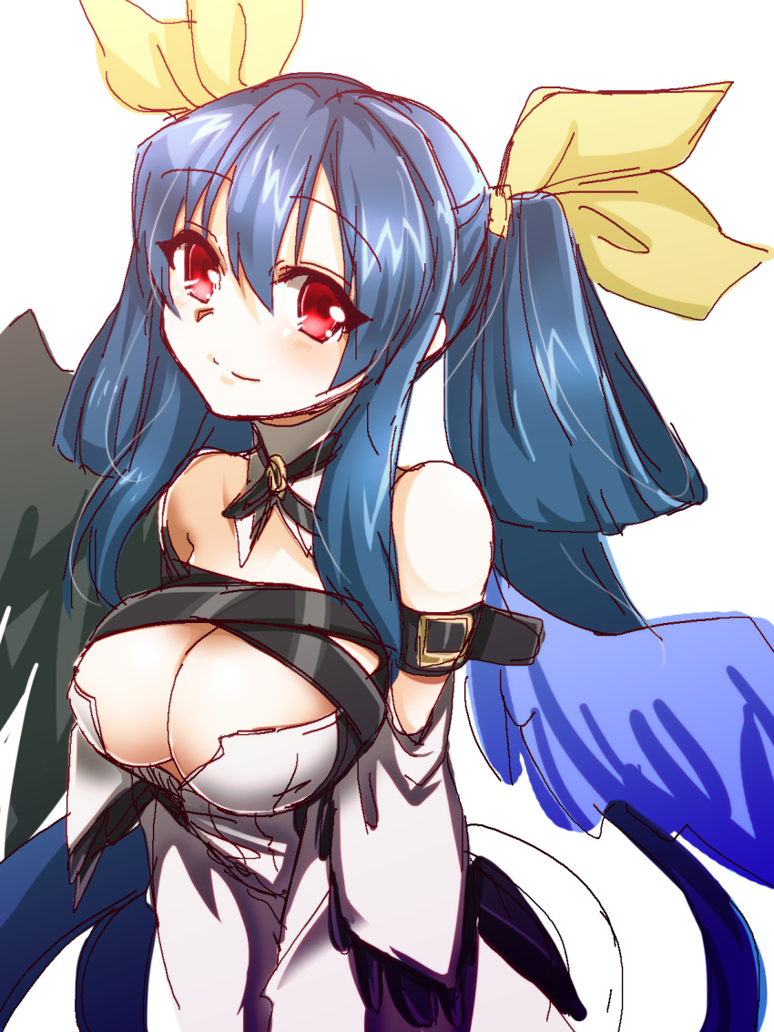 1girl, asymmetrical_wings, belt, blue_hair, breasts, cleavage, detached_sleeves, dizzy