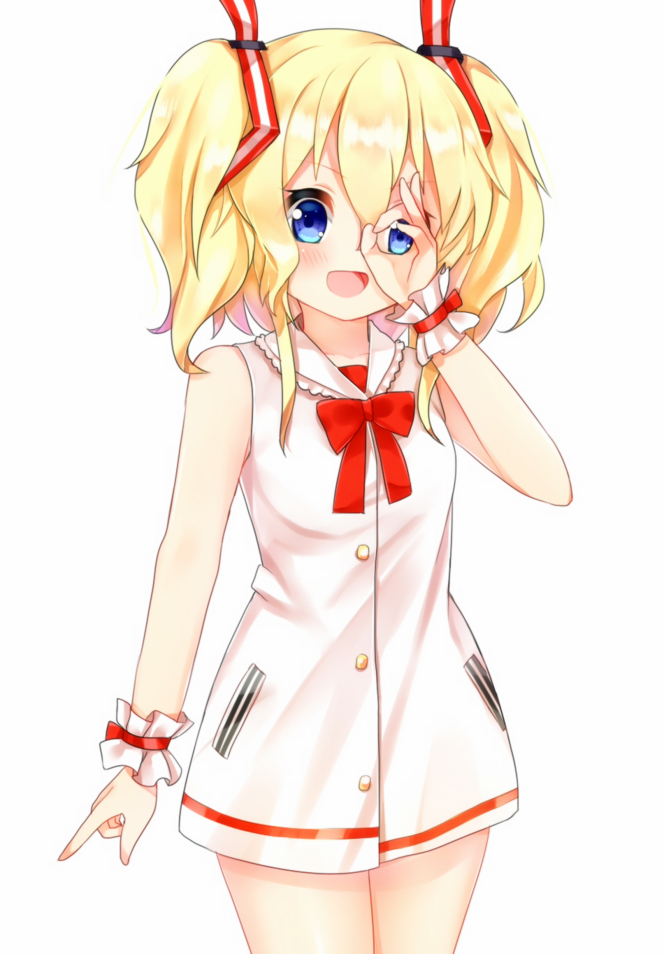 1girl, artist_request, bare_shoulders, blonde_hair, blue_eyes, blush, bow, buttons