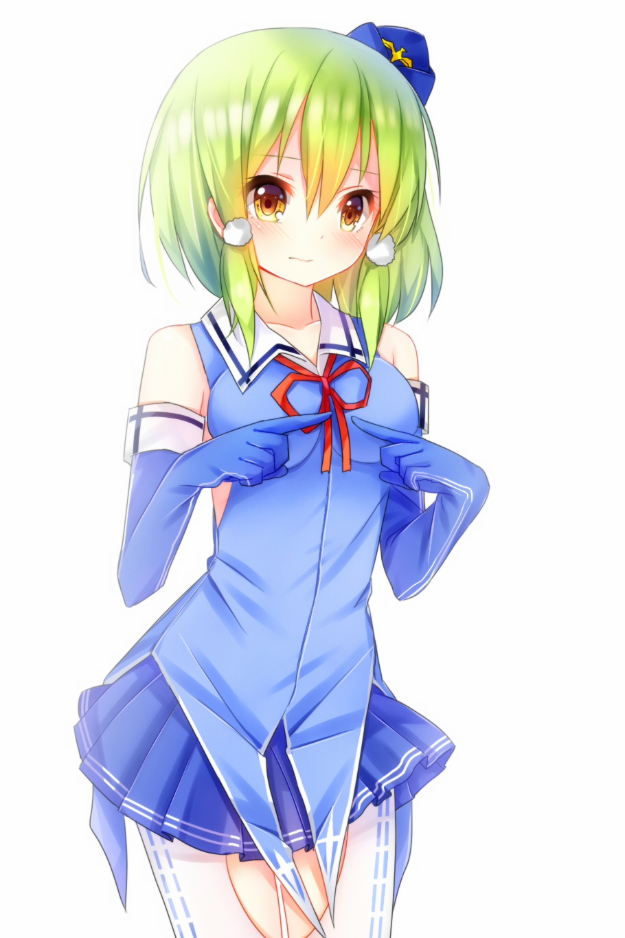 bare_shoulders, blue_clothes, blue_gloves, blue_skirt, cosplay, elbow_gloves, gloves, green_hair, hair_ornament, hat, highres, looking_at_viewer, new_orleans_(zhan_jian_shao_nyu), orange_eyes, pleated_skirt, quincy_(zhan_jian_shao_nyu), quincy_(zhan_jian_shao_nyu)_(cosplay), ribbon, short_hair, skirt, tengxiang_lingnai, wavy_mouth, zhan_jian_shao_nyu