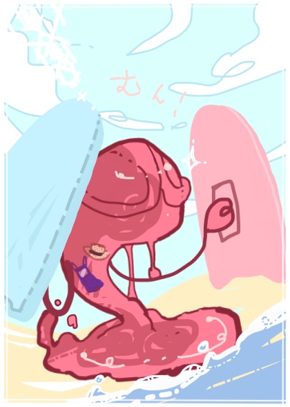 1girl, artist_request, beach, bukubukuchagama, clouds, hat, monster, ocean