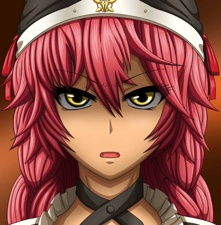 1girl, angry, black_hat, braid, brown_background, collar, criss-cross_halter, dark_skin, fang, fangs, frills, furrowed_eyebrows, hair_between_eyes, halter_top, halterneck, hat, hat_ribbon, kyamuu, long_hair, looking_at_viewer, lupusregina_beta, overlord_(maruyama), parted_lips, portrait, redhead, simple_background, solo, tsurime, twin_braids, yellow_eyes