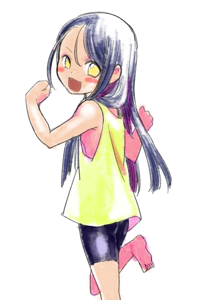 1boy, androgynous, barefoot, bike_shorts, black_hair, blush, child, eyeshadow, jirou_tachi, long_hair, looking_at_viewer, makeup, male_focus, open_mouth, personification, shirt, simple_background, sleeveless, sleeveless_shirt, smile, solo, tank_top, touken_ranbu, white_background, yang3, younger