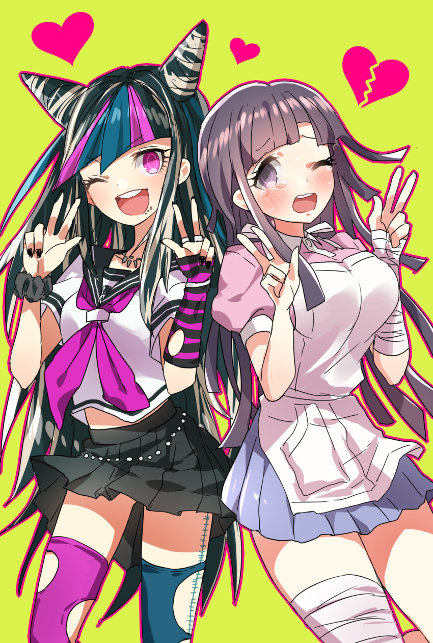 2girls, black_skirt, blush, breasts, broken_heart, commentary_request, dangan_ronpa, heart, highres, juuroku_anna, long_hair, mioda_ibuki, multiple_girls, one_eye_closed, open_mouth, pleated_skirt, simple_background, skirt, super_dangan_ronpa_2, tears, thigh-highs, tsumiki_mikan, v