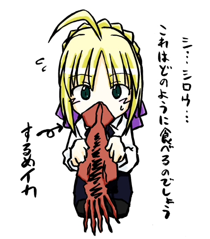 blouse, cuttlefish, fate/stay_night, fate_(series), jas, lowres, saber, squid