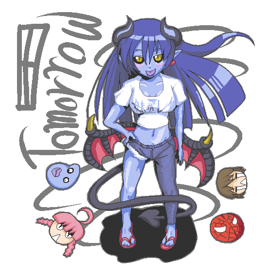 astaroth, astaroth_(shinrabanshou), asymmetrical_clothes, black_sclera, blue_hair, blue_skin, blush, cv_wakamoto