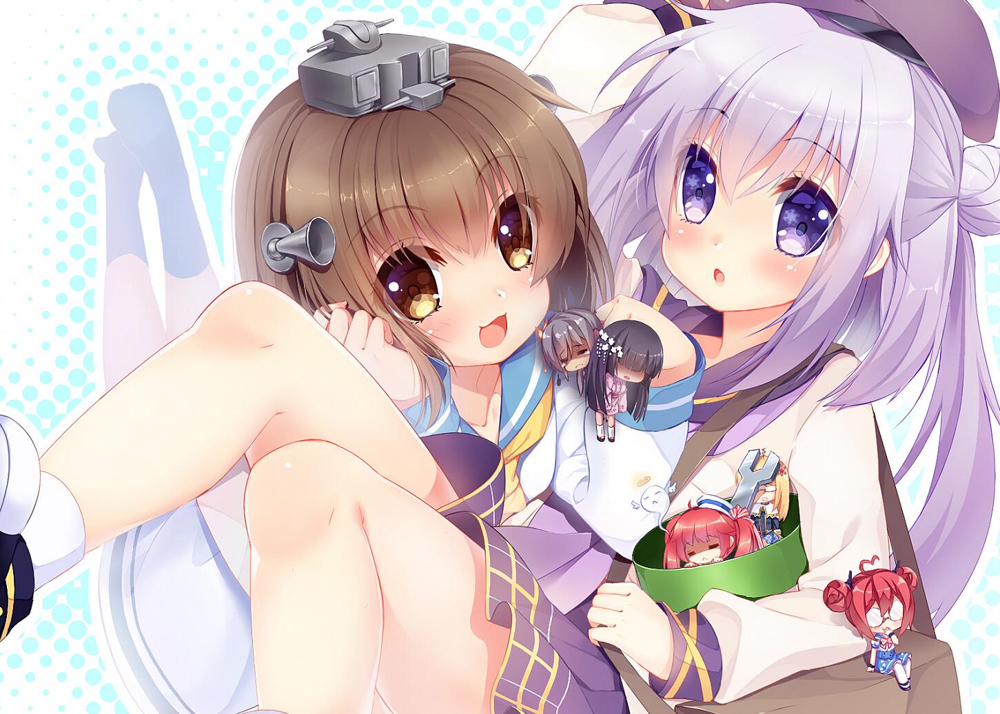 6+girls, :d, :o, ahoge, bag, bare_legs, beret, black_hair