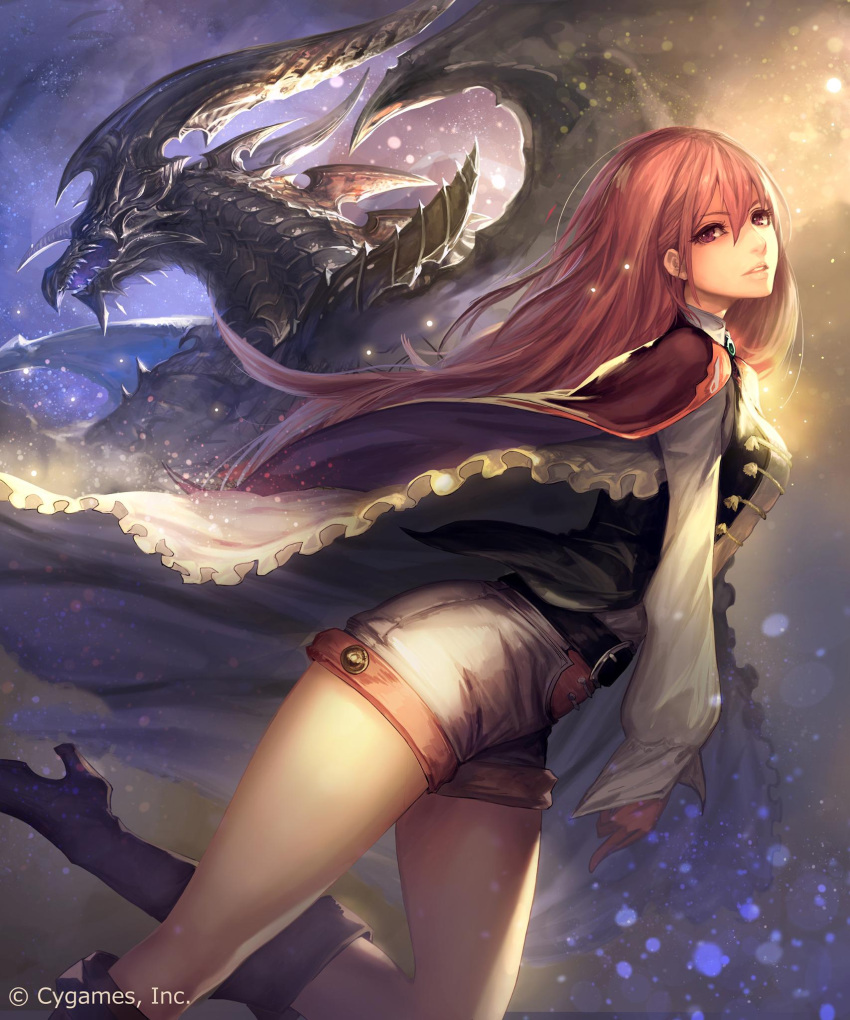 1girl, amira_(shingeki_no_bahamut), bahamut_(shingeki_no_bahamut), boots, capelet, dragon, frills, highres