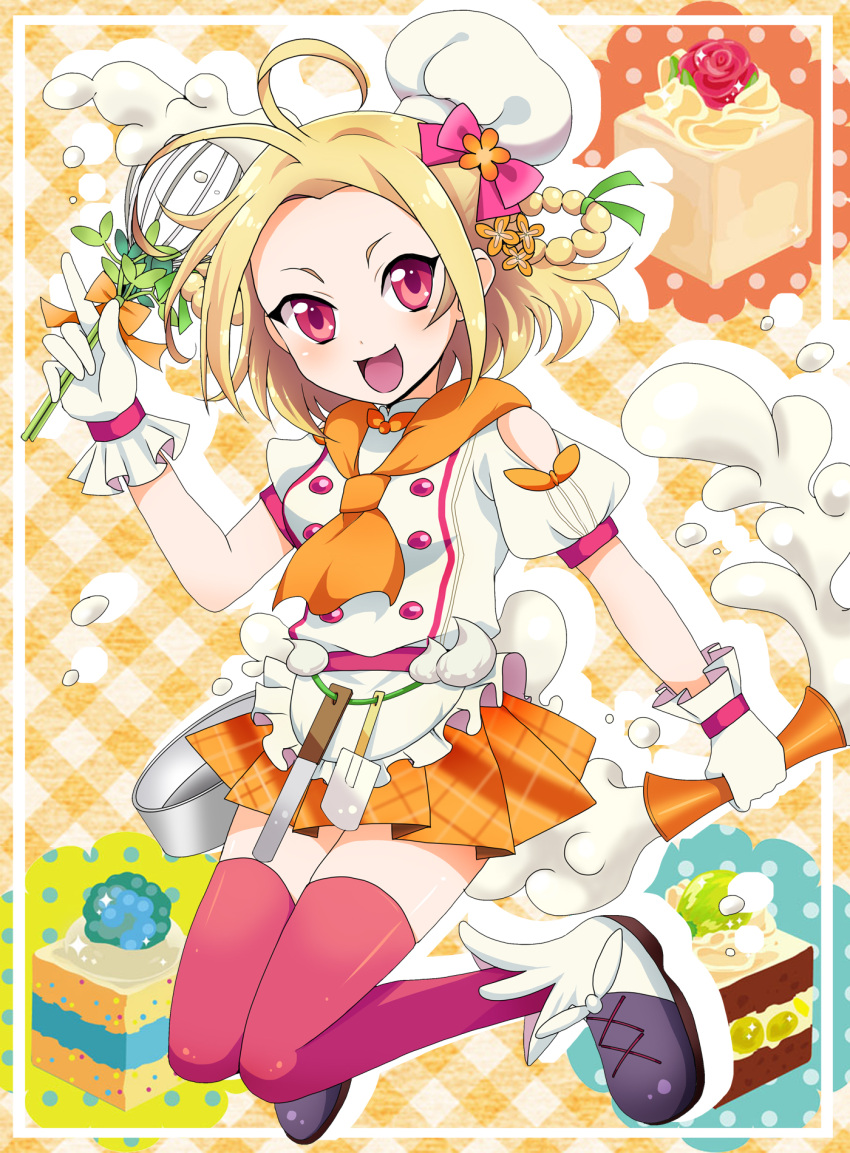 1girl, :d, ahoge, blonde_hair, bow, cake, chef_hat, flower_knight_girl