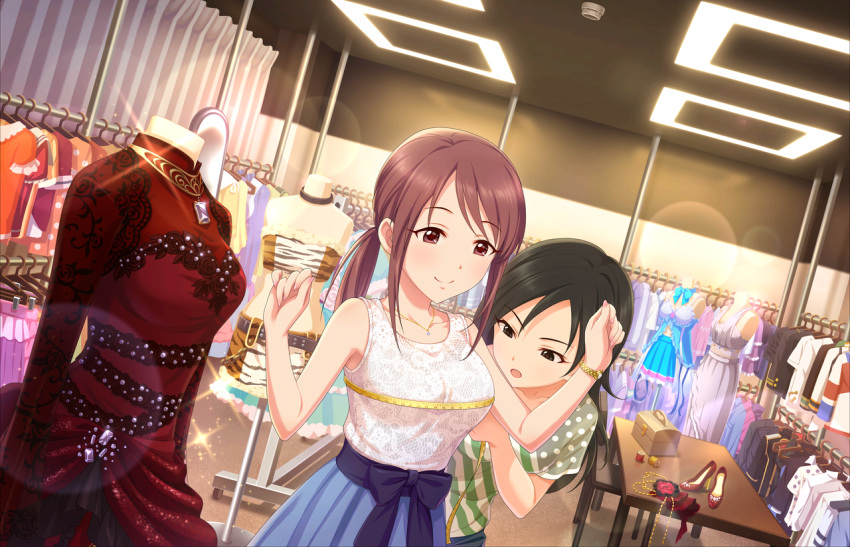 2girls, armpits, artist_request, bandeau, bangs, bare_shoulders, belt, black_eyes