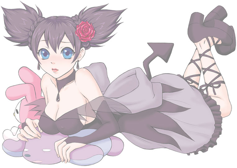 blue_eyes, breasts, choker, cleavage, dress, earrings, erect_nipples, flower