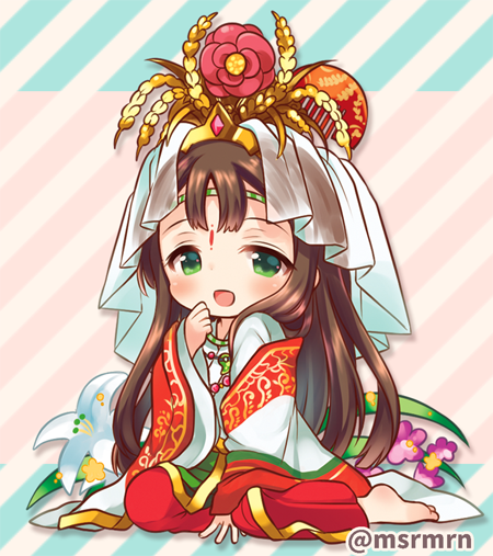 1girl, :d, blush, brown_hair, facial_mark, forehead_mark, green_eyes, headdress