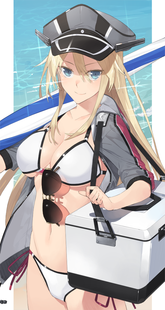 1girl, adapted_costume, beach, bikini, bismarck_(kantai_collection), blonde_hair, blue_eyes, box, breasts, cleavage, closed_umbrella, commentary_request, cooler, cowboy_shot, glasses, hat, hayashi_kewi, hood, hoodie, kantai_collection, large_breasts, light_smile, long_hair, looking_at_viewer, military_hat, navel, open_clothes, open_hoodie, peaked_cap, side-tie_bikini, solo, sunglasses, sunglasses_around_neck, swimsuit, umbrella, white_bikini