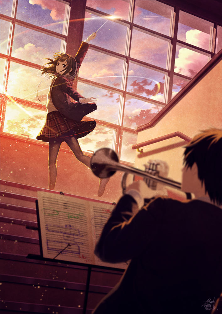 1boy, 1girl, arm_up, bangs, baton_(instrument), black_hair, blazer, blurry
