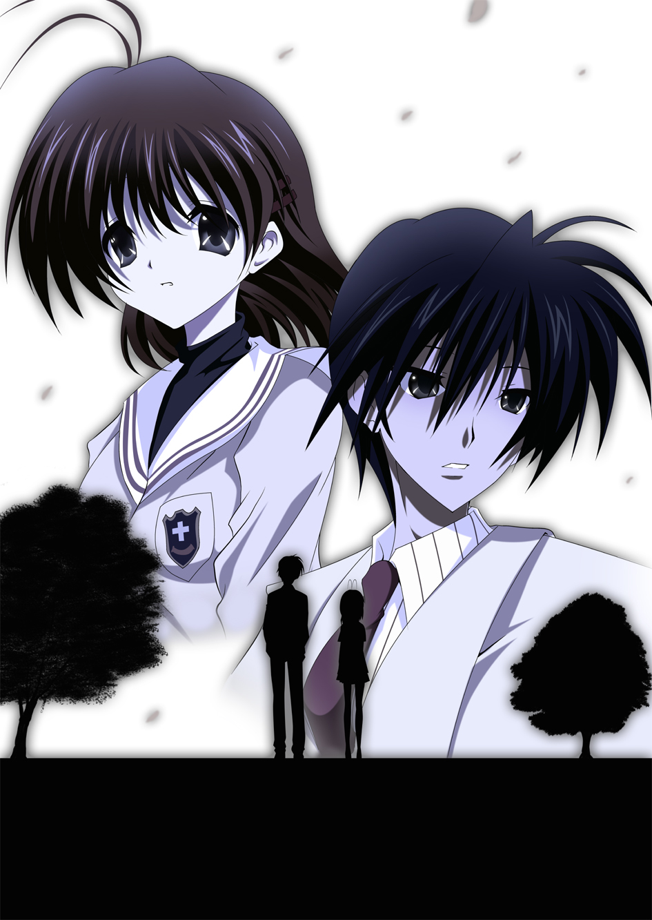 blue, clannad, furukawa_nagisa, highres, monochrome, okazaki_tomoya, school_uniform, short_hair