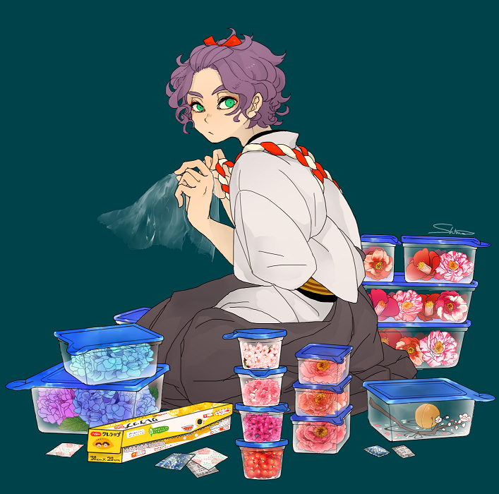 1boy, bow, camellia_(flower), cherry_blossoms, container, flower, green_eyes, hair_bow