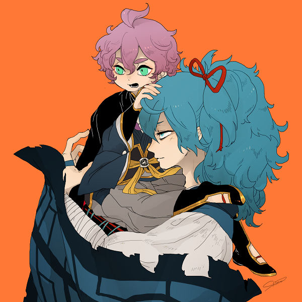 2boys, age_switch, blue_eyes, blue_hair, carrying, green_eyes, japanese_clothes, kasen_kanesada