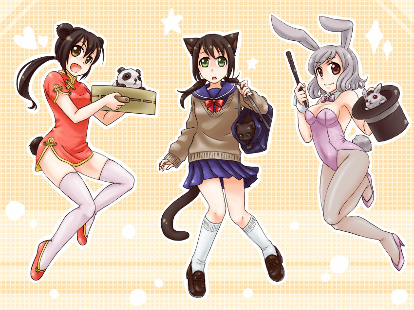animal_ears, bag, bear_tail, black_hair, brown_eyes, bunny, bunny_ears, bunnysuit