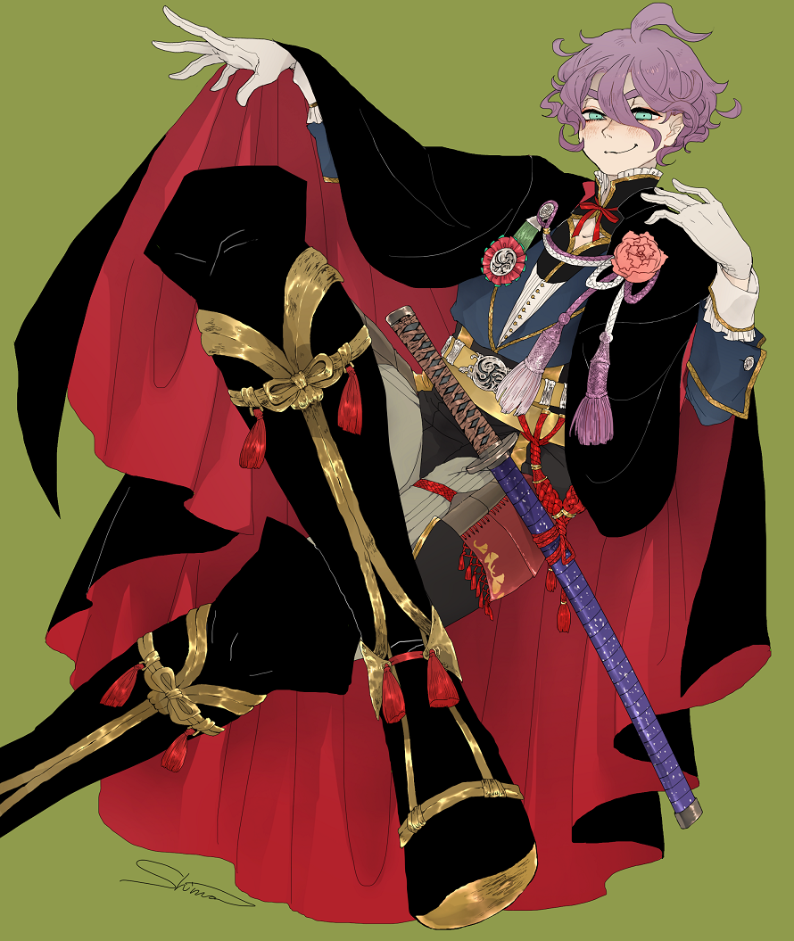 1boy, adapted_costume, cape, flower, gloves, green_eyes, kasen_kanesada, katana