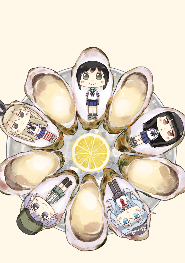 5girls, :>, :<, aqua_eyes, aqua_hair, black_hair, brown_eyes, chibi