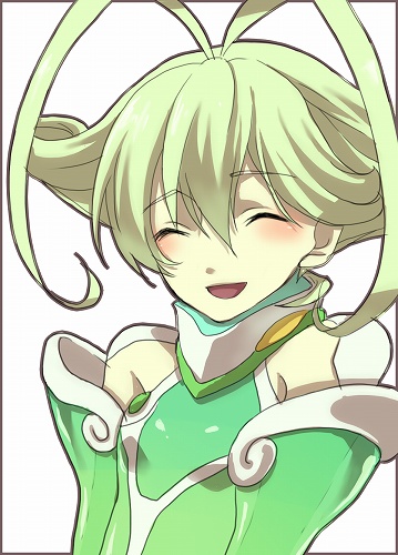ar_tonelico_2, ar_tonelico_ii, blush, bodysuit, closed_eyes, frelia, green_hair, grin