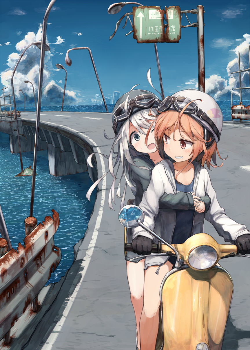 2girls, ;o, ahoge, alternate_costume, bangs, bare_legs, beize_(garbage), bicycle_helmet
