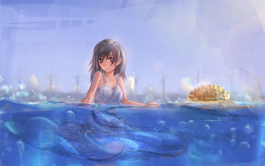 1girl, bangs, bare_arms, black_hair, blue, blue_eyes, blue_sky, blurry