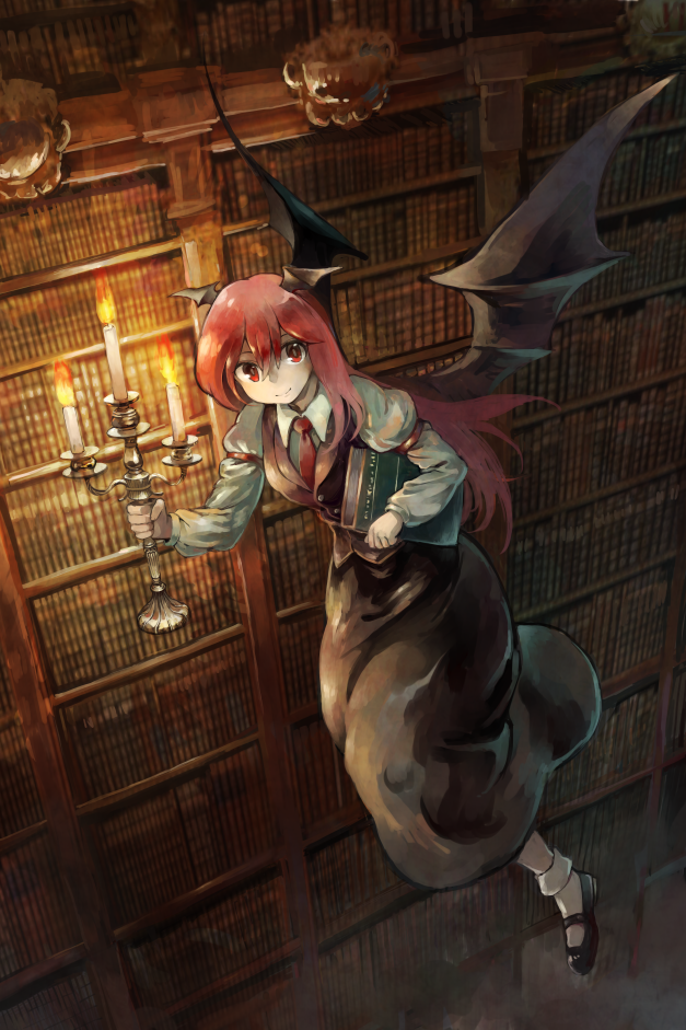 1girl, arm_strap, bangs, bat_wings, black_shoes, black_vest, black_wings, book