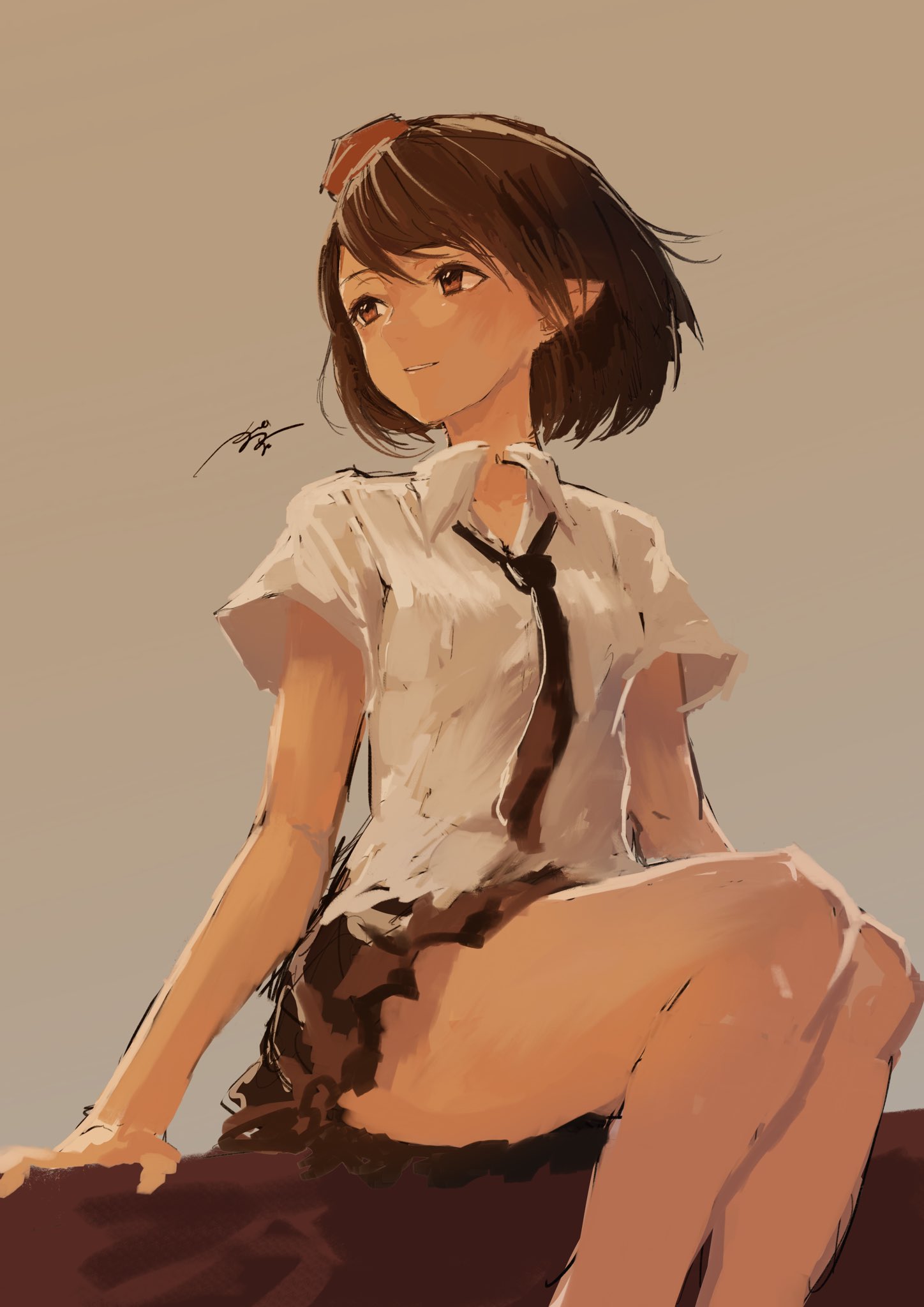 1girl, arm_support, artist_name, bare_legs, black_skirt, blush, brown_background, brown_hair