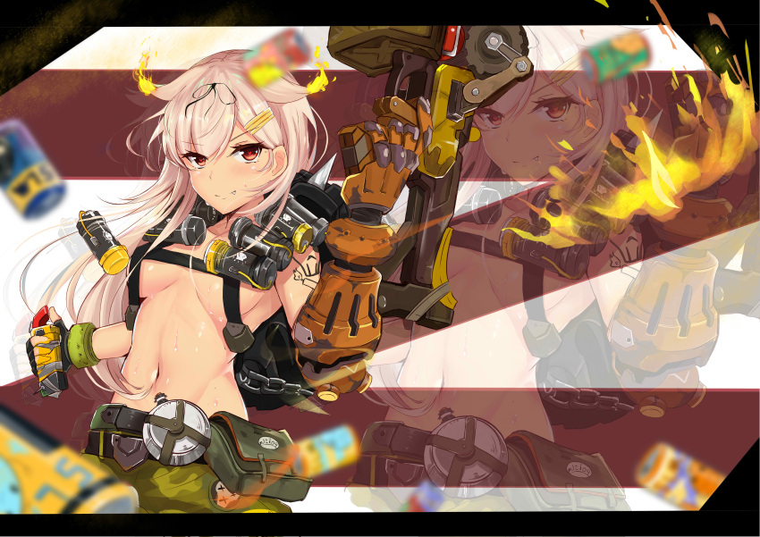 1girl, absurdres, alternate_costume, arm_tattoo, backpack, bag, bangs, belt