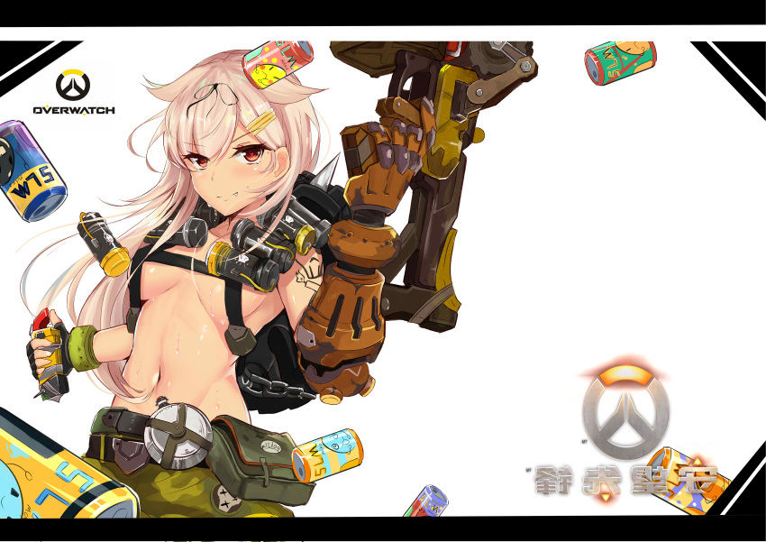 1girl, absurdres, alternate_costume, arm_tattoo, backpack, bag, bangs, belt