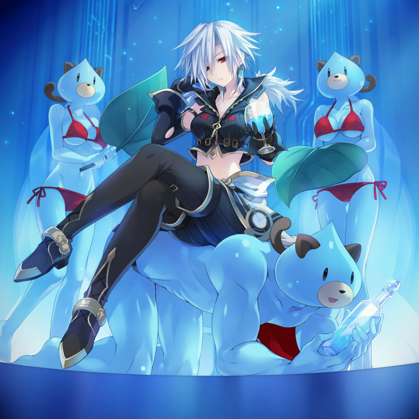1boy, 3girls, bikini, breasts, choujigen_game_neptune, cleavage, crop_top, dogoo