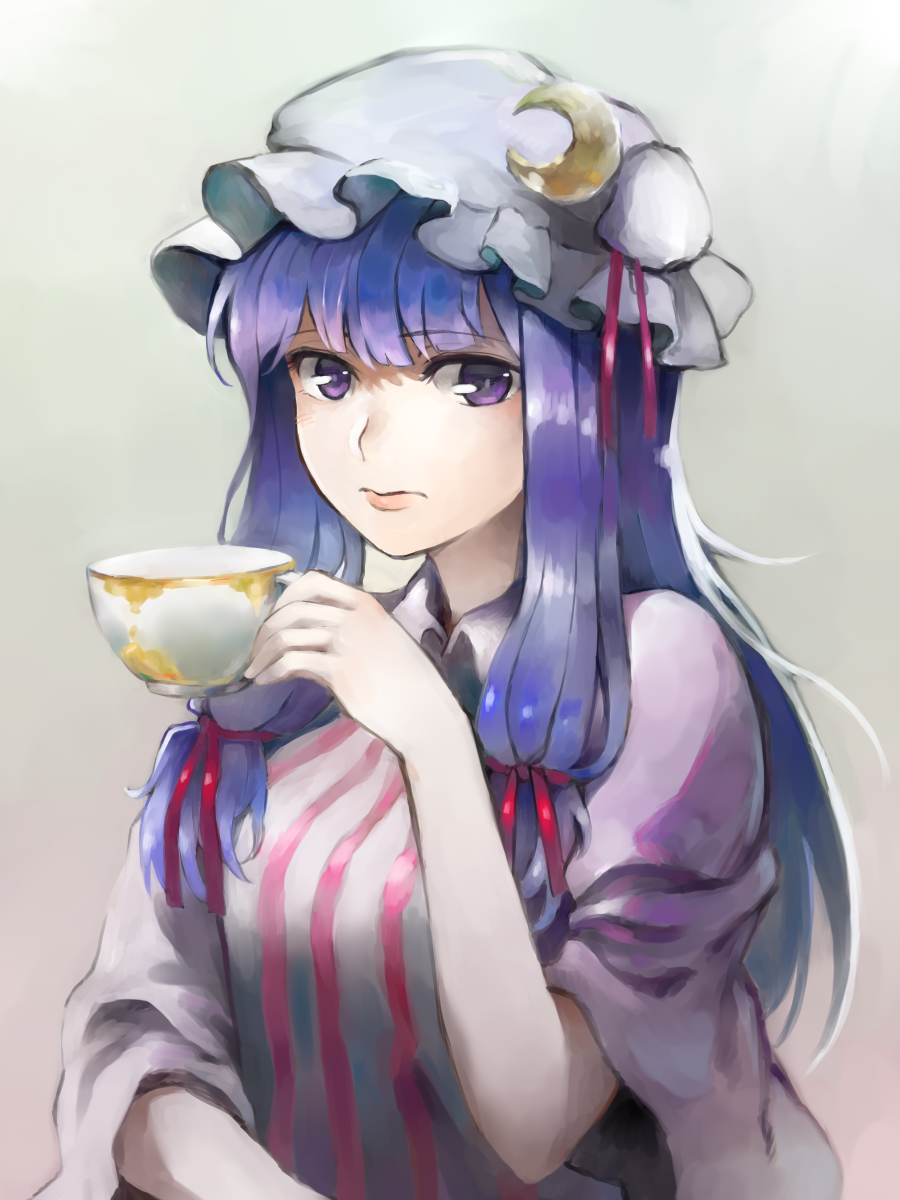 1girl, bangs, crescent, crescent_hair_ornament, cup, dress, expressionless, hair_ornament