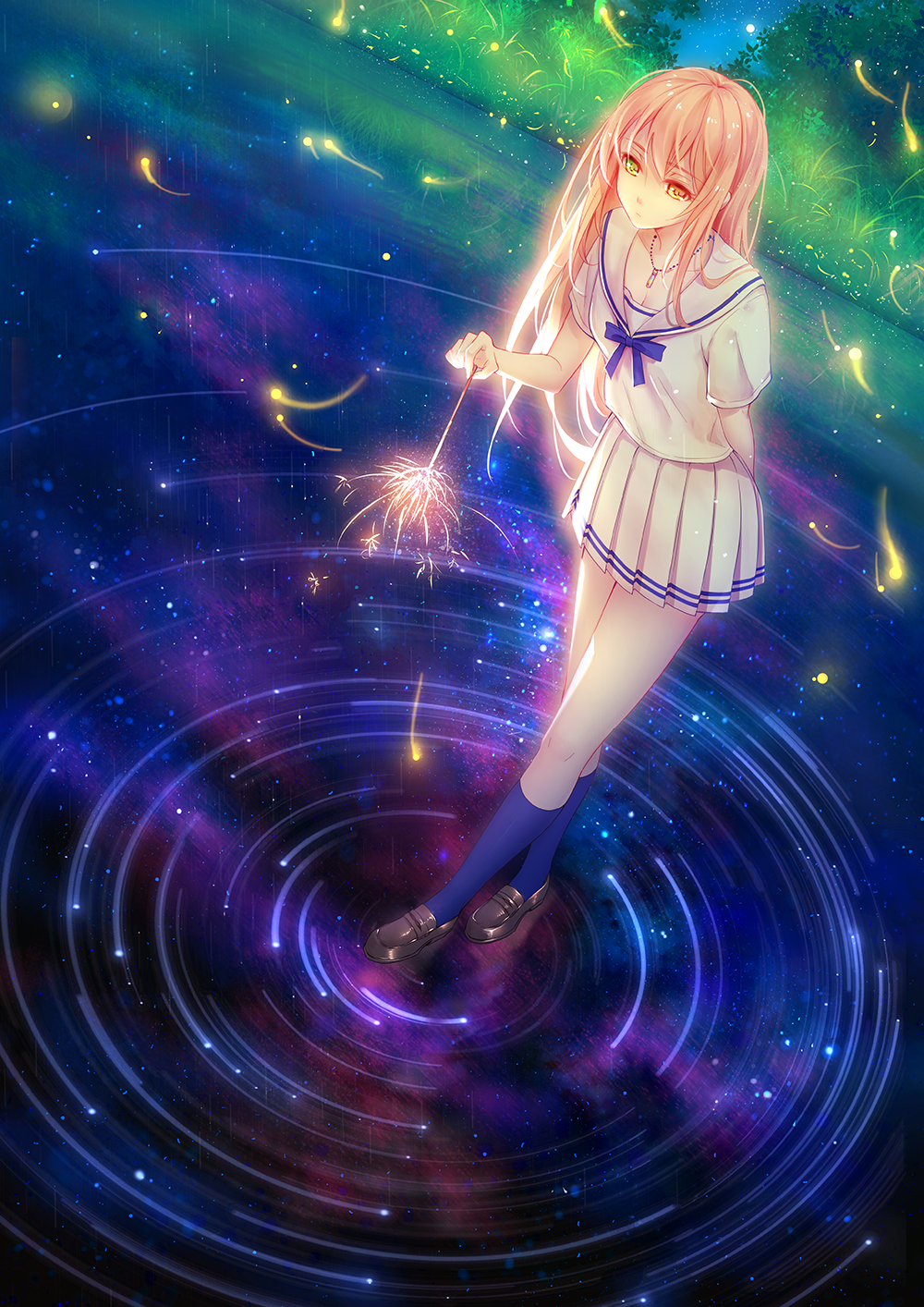 1girl, arm_behind_back, bangs, blouse, blue_legwear, blue_ribbon, breasts, brown_shoes