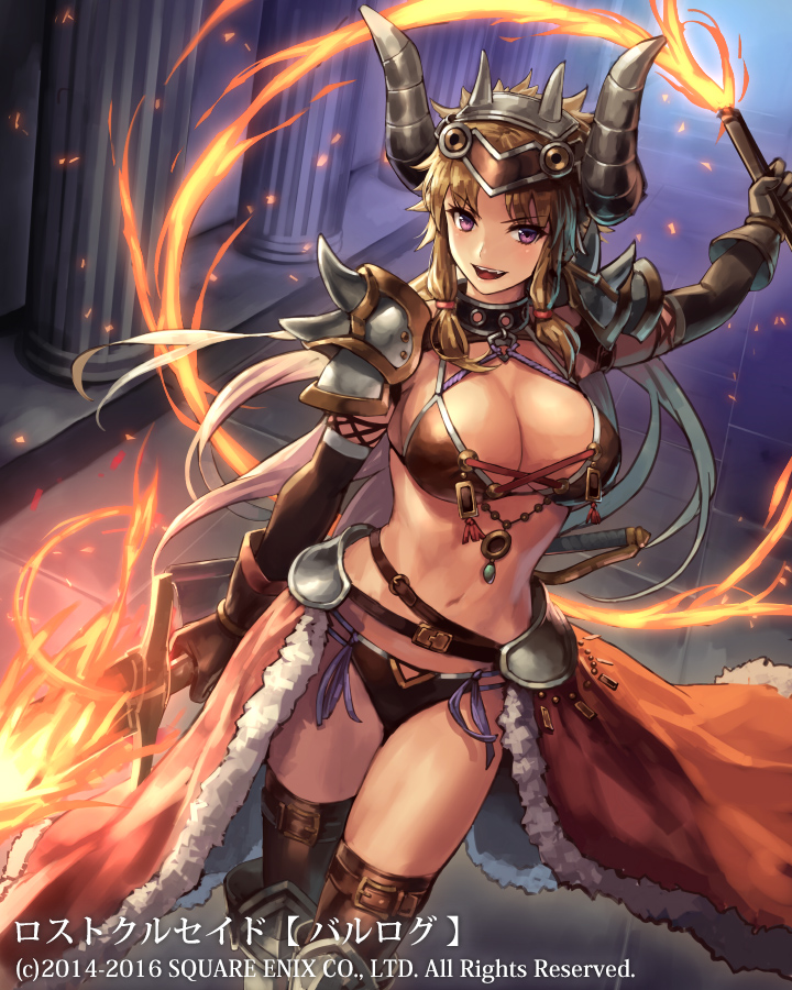 1girl, breasts, brown_hair, cleavage, fang, fire_whip, flame_sword, large_breasts, long_hair, looking_at_viewer, mismi, navel, open_mouth, smile, solo, violet_eyes
