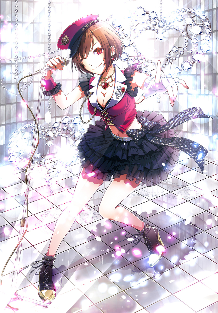 1girl, asymmetrical_gloves, belt, black_skirt, breasts, brown_hair, cleavage, collarbone