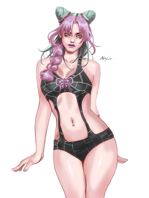 1girl, artist_name, bare_legs, birthmark, braid, breasts, cleavage, collarbone