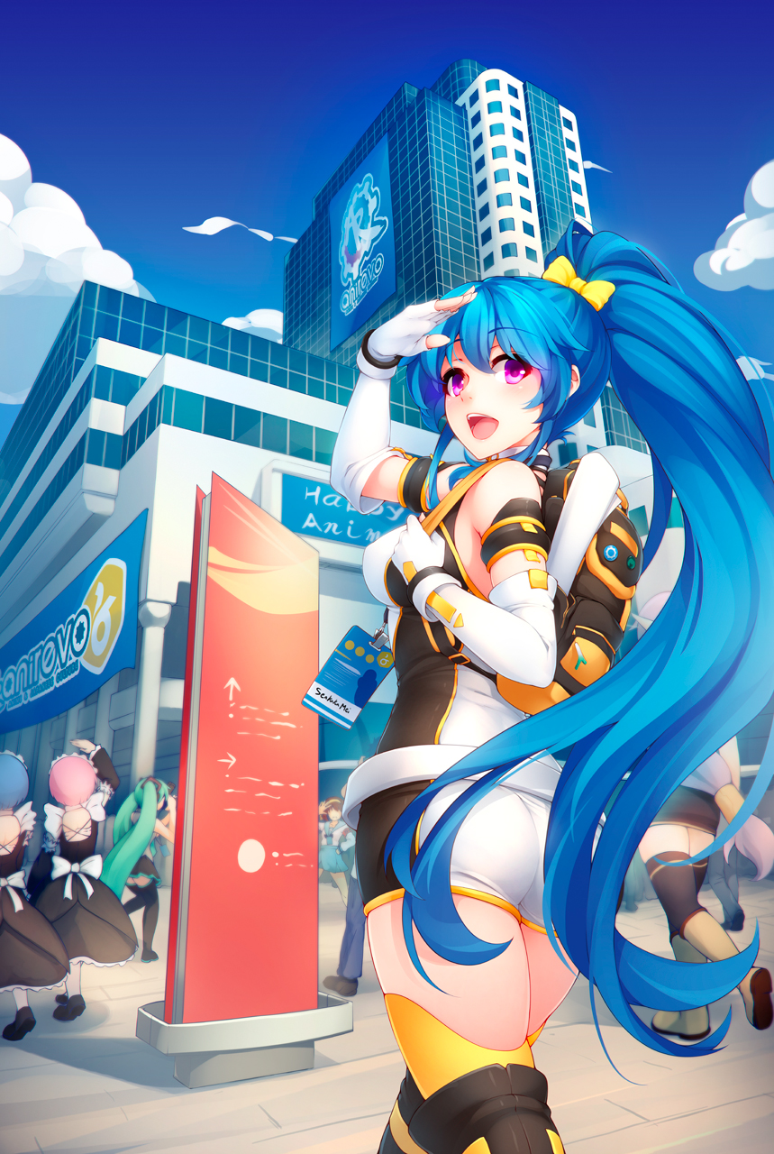 :d, anime_revolution, ass, backpack, bag, black_legwear, blue_hair, boots