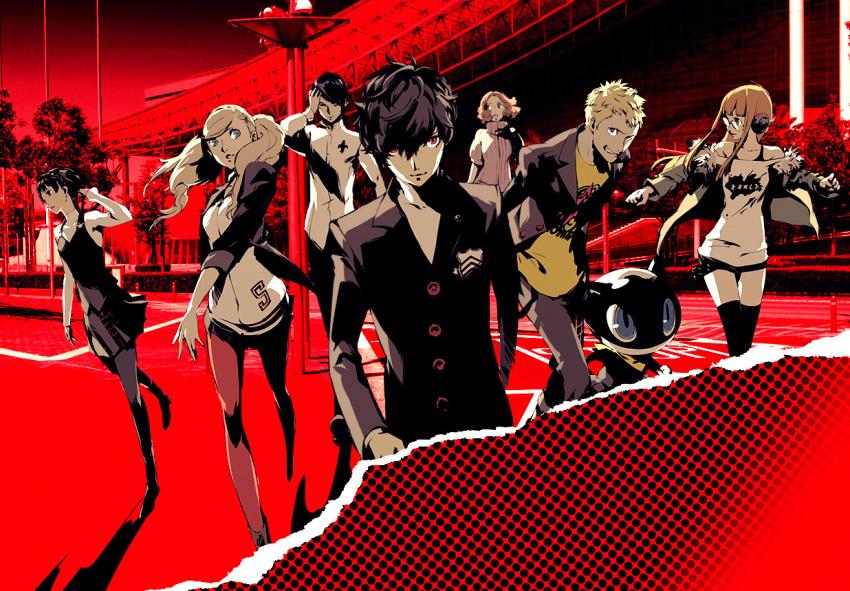3boys, 4girls, atlus, cat, kitagawa_yuusuke, kurusu_akira, looking_at_viewer, morgana_(persona_5), multiple_boys, multiple_girls, niijima_makoto, niishima_makoto, official_art, okumura_haru, persona, persona_5, protagonist_(persona_5), red_eyes, sakamoto_ryuuji, sakura_futaba, soejima_shigenori, takamaki_ann, walking