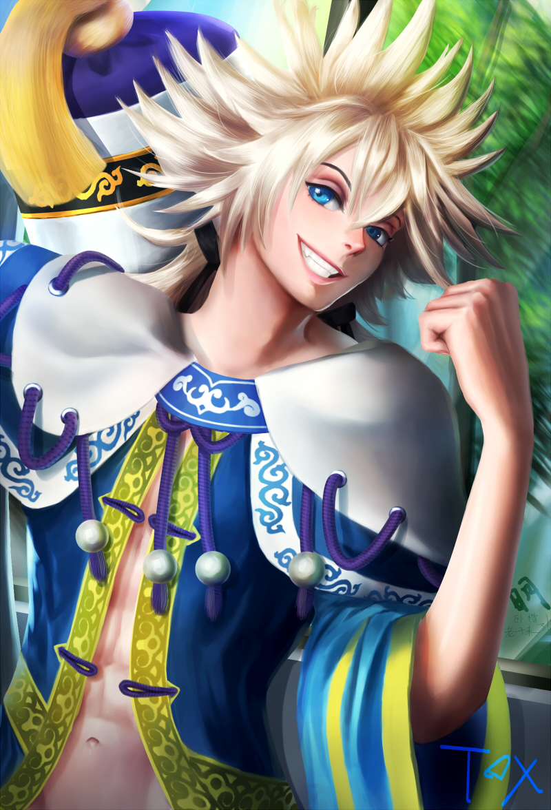 1boy, abs, artist_name, blue_eyes, chinese_clothes, hair_between_eyes, meitenkun, navel