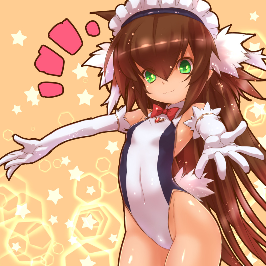:3, bella_(sennen_sensou_aigis), bow, bowtie, breasts, brown_hair, elbow_gloves, gloves
