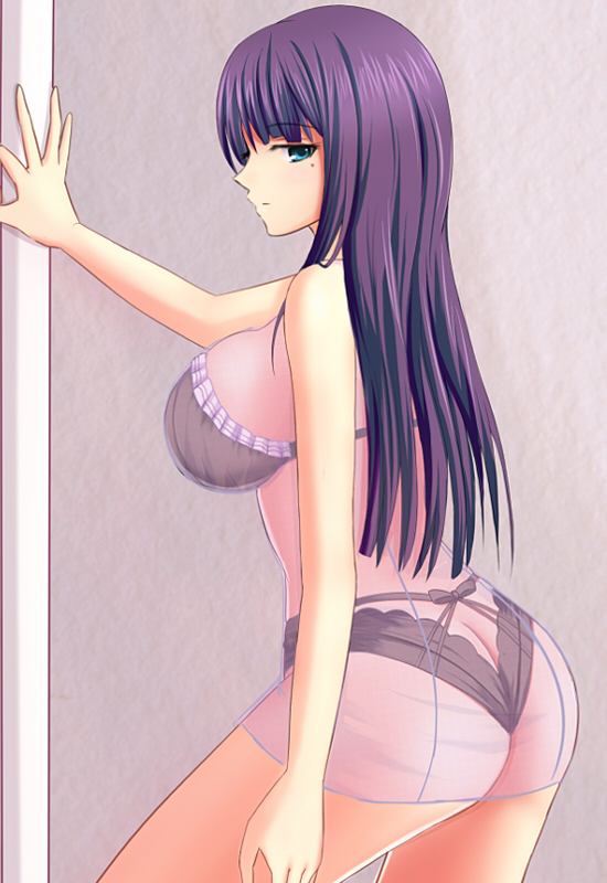 1girl, aaabbbccccc, ass, babydoll, bangs, black_bra, black_panties, blue_eyes