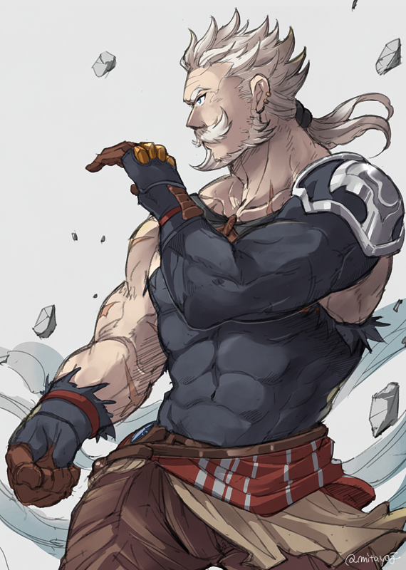 1boy, beard, blue_eyes, clenched_hand, cowboy_shot, earrings, facial_hair, fighting_stance