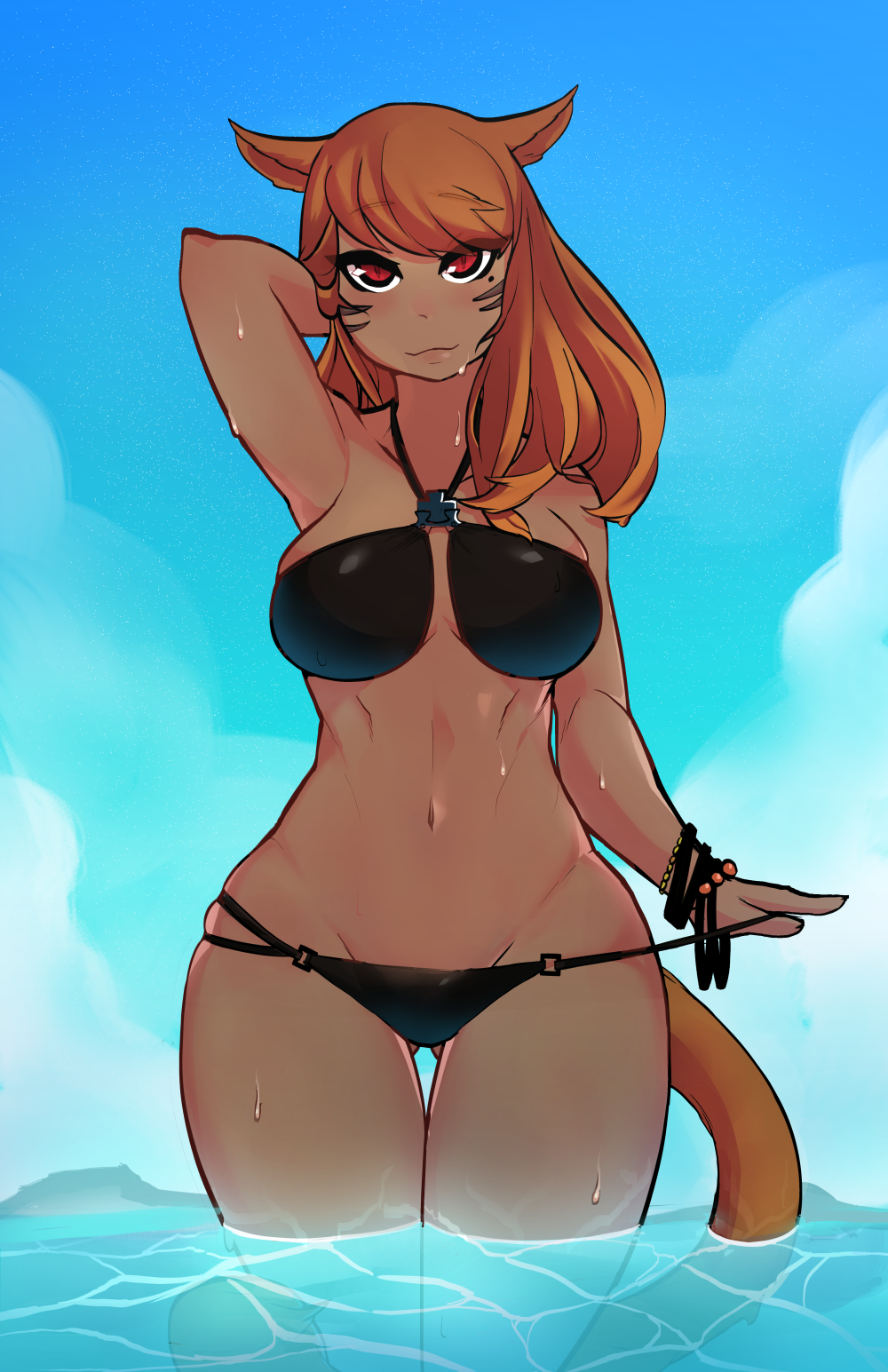 1girl, animal_ears, bikini, bikini_pull, black_bikini, borrowed_character, bracelet, breasts