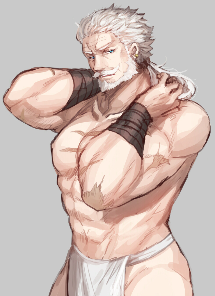 1boy, beard, earrings, facial_hair, fundoshi, granblue_fantasy, grey_background, haneten_kagatsu